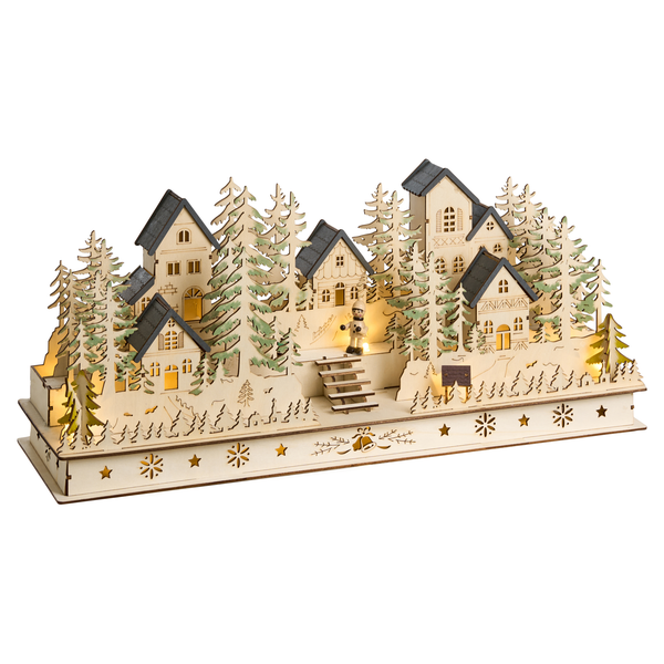 Weihnachtliche Lichterdorfdekoration aus Holz mit Häusern und Bäumen