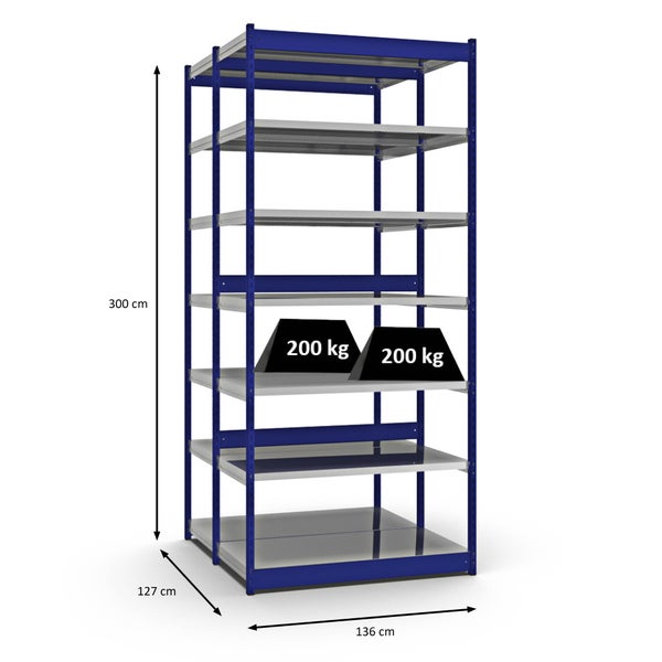 PROREGAL Fachbodenregal Stecksystem Vierkant-Profil Grundregal HxBxT 300 x 132,5 x 60 cm 2x7 Ebenen Doppelseitige Bauart Fachlast 200 kg Enzianblau