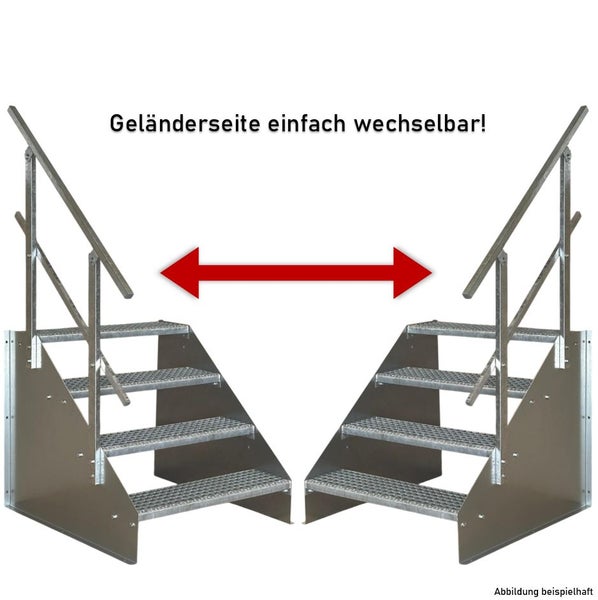 Außentreppe aus verzinktem Stahl mit vier Stufen und beidseitig montierbarem Geländer.