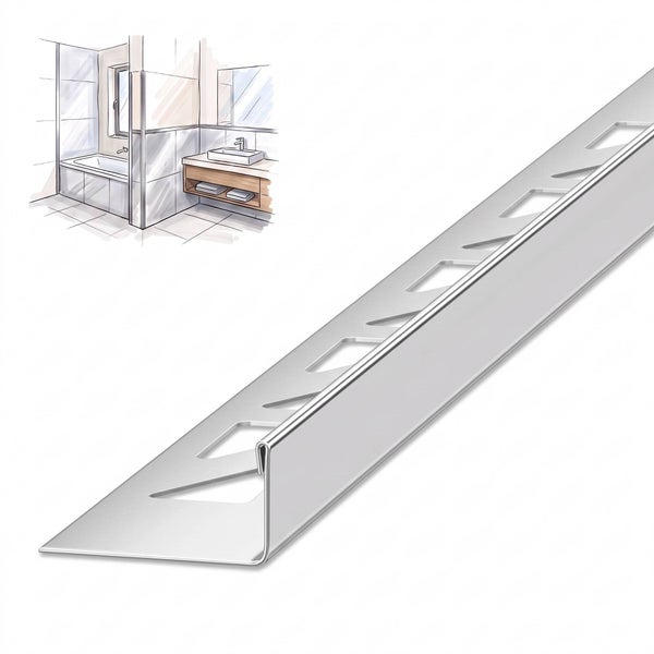 Fliesenprofil aus Metall für Kanten an Wand und Boden mit Skizze eines Badezimmers als Anwendungsbeispiel