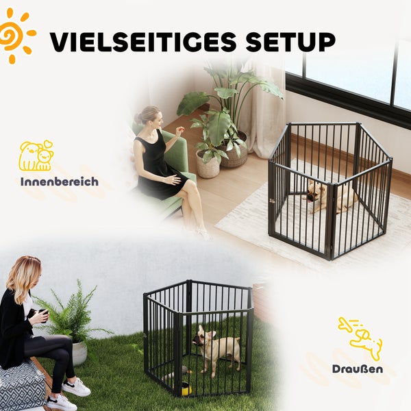 Vielseitiges Welpenschutzgitter aus schwarzem Metall, sechseckig, für den Innenbereich auf Teppich und Außenbereich auf Rasen geeignet.