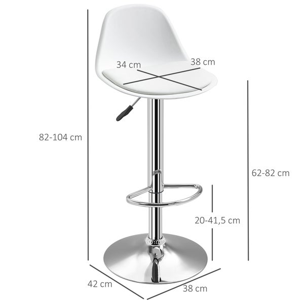 HOMCOM 2er-Set Barhocker Barstühle Drehstühle mit Lehne modernem Design höhenverstellbar für Bartheke Küche Weiß Kunstleder Stahl bis 120 kg 40 x 42 x 82-104 cm
