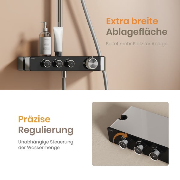 EMKE Duschsystem mit Thermostat, Chrom, 36×24 cm Regendusche & Handbrause mit 3 Strahlarten, höhenverstellbare 1100 mm Brausestange, 355 mm Auslauf, 1,5 m Schlauch, Duscharmatur