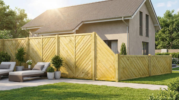 Holzzaun im Gartenbereich vor einem Wohnhaus