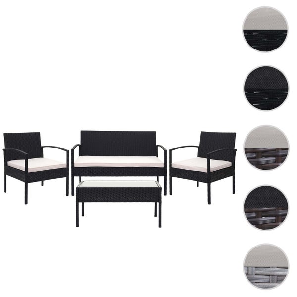 Gartenmöbel-Set aus Polyrattan bestehend aus Sofa, zwei Sesseln und Tisch inklusive Sitzkissen sowie Detailansichten des Geflechts.