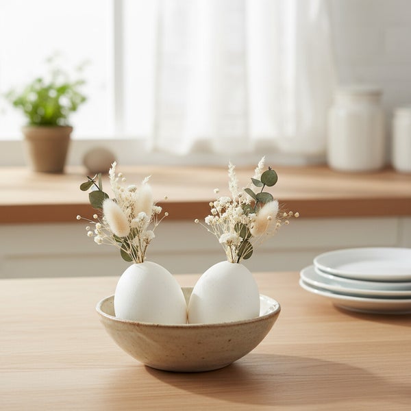 Zwei Eier als Vasen mit Trockenblumen in einer Keramikschale auf einem Holztisch als Osterdekoration.