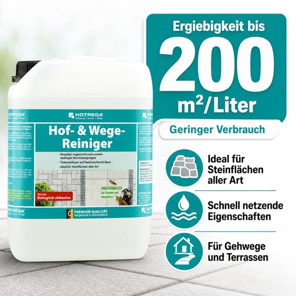 Hotrega Hof- und Wege-Reiniger Kanister zur effizienten Reinigung von Stein- und Pflasterflächen im Außenbereich mit hoher Ergiebigkeit.