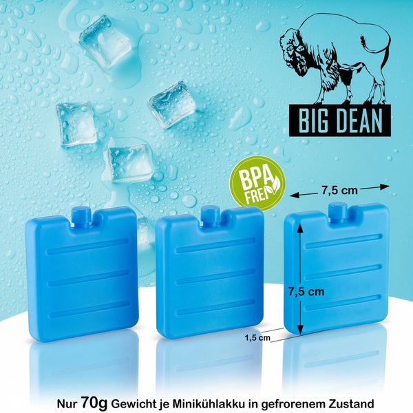 Drei blaue Big Dean Mini Kühlakkus, BPA-frei, 7,5 Zentimeter mal 7,5 Zentimeter mal 1,5 Zentimeter, 70 Gramm gefroren. Big Dean Logo.