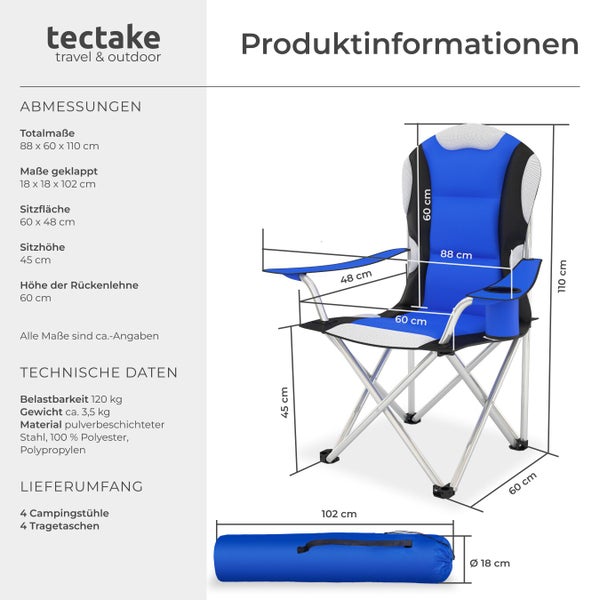 Produktinformationen zu vier Campingstühlen mit Tragetaschen von tectake travel and outdoor, inklusive Maßangaben