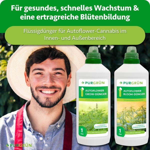 Zwei Purgrün Autoflower Flüssigdünger Flaschen für Wachstum und Blüte mit lächelndem Gärtner im Hintergrund.
