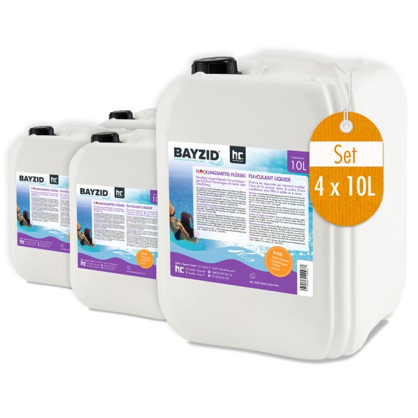 Set mit vier Kanistern flüssiges Flockungsmittel mit jeweils 10 Liter Inhalt
