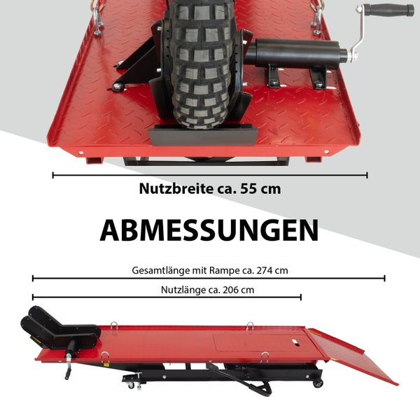 Abmessungen einer roten Motorradhebebühne mit einer Nutzbreite von circa 55 cm, einer Gesamtlänge mit Rampe von circa 274 cm und einer Nutzlänge von circa 206 cm.