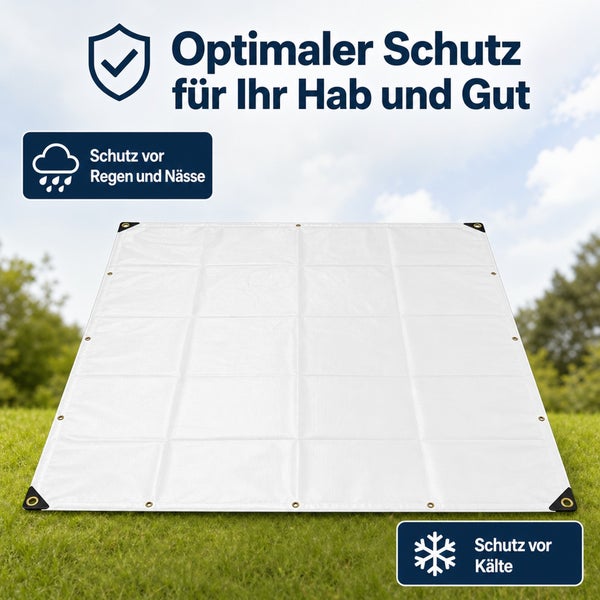 Wetterfeste Gewebeplane mit Oesen fuer Schutz vor Regen und Kaelte im Garten auf dem Rasen ausgebreitet.