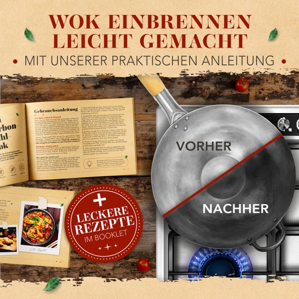 KRUSTENZAUBER 30cm Wokpfanne Induktion flacher Boden - Traditionelle Stahlwokpfanne mit Wokwender u. Wokring - Wok Pfanne, Wok Induktion, Woklette, Wok Zubehör, Carbon Steel Wok Karbonstahl