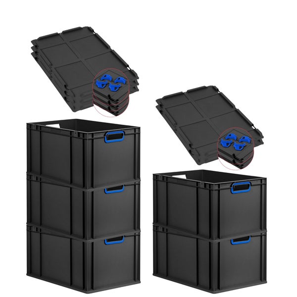 PROREGAL SparSet 5x Eurobox NextGen Color mit Auflagedeckel und Schiebeschnappverschlüsse, HxBxT 32x40x60cm, 65 Liter, Schwarz, Griffe blau offen, Verstärkter Boden, Eurobehälter, Transportbox, Transportbehälter, Stapelbehälter