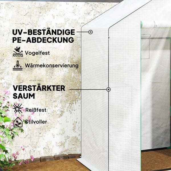 Outsunny Gewächshaus mit Rolltür, Fenster, Regale, winterfest Foliengewächshaus aus Stahl, Treibhaus für Balkon, Garten, Tomatenhaus 143 x 74 x 190 cm, Tomatengewächshaus für Tomaten, Gemüse, Weiß