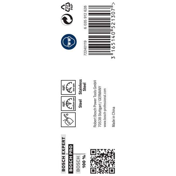 Bosch Expert Produktinformationen: Stahl, Edelstahl, mittlere Drehzahl, niedrige Drehzahl, Schutzbrille erforderlich, Papierverpackung