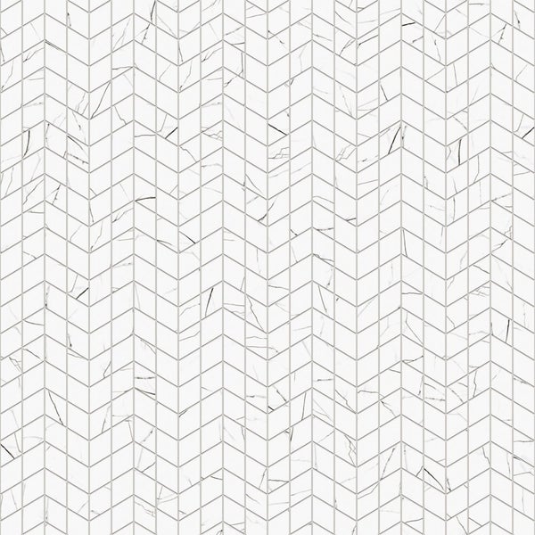 Mosaikfliese in Marmor-Optik mit Chevron-Muster für Wand und Boden.