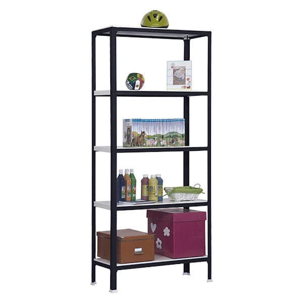 Schwarzes Metallregal mit fünf weißen Fachböden, bestückt mit Aufbewahrungsboxen, Büchern und Malutensilien.