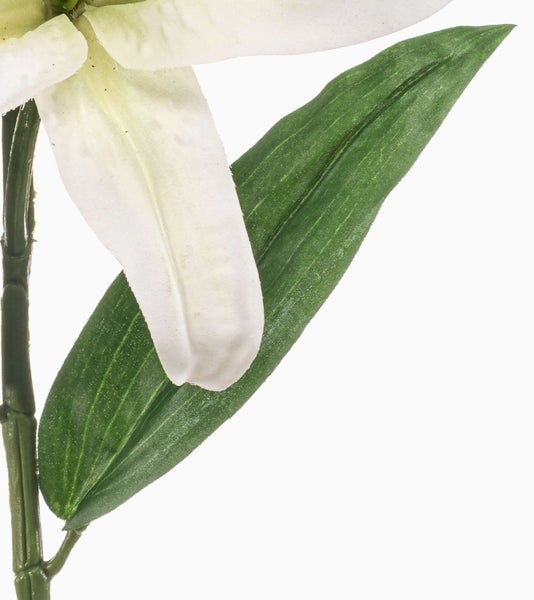 Künstlicher Lilienzweig mit drei weißen Blüten, einer Knospe und grünen Blättern.