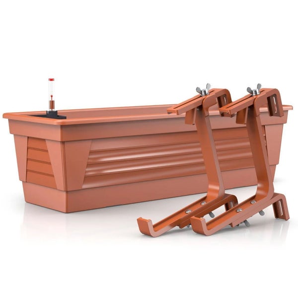 Plastard Blumenkasten 100 x 21 x 17 cm Terrakotta mit Hydroeinsatz, Wasserstandsanzeiger und passender Halterung