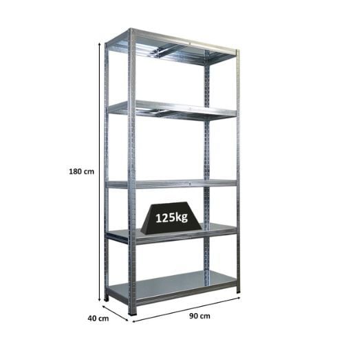 Metallregal mit fünf Böden und einer Traglast von 125 kg, Abmessungen 180 cm x 90 cm x 40 cm