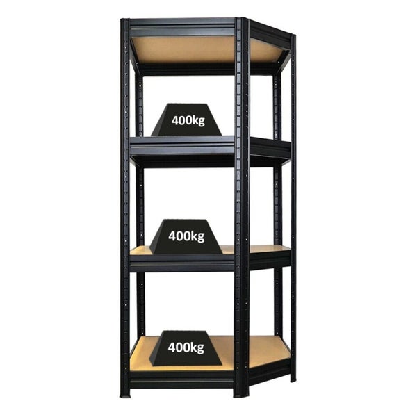 Eckregal aus Metall mit vier Holzböden, Schwerlastregal mit einer Tragkraft von 400 Kilogramm pro Boden.