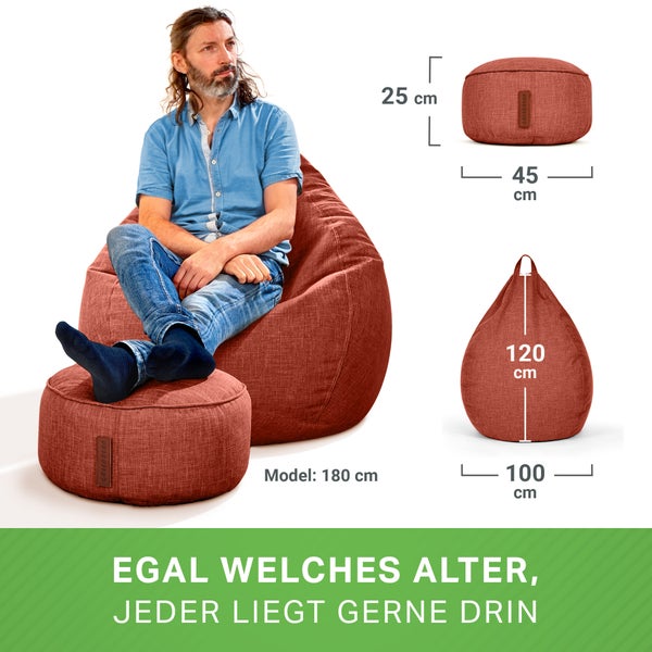 Green Bean 2er Set Indoor XXL Sitzsack + Hocker mit EPS-Perlen Füllung - Fußhocker Fußkissen Sitz-Pouf Bodenkissen Liegekissen Sitzkissen Lounge Chair Sitzhocker Relax-Sessel Bean Bag Rot