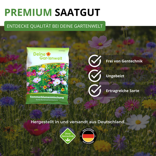 Premium Saatgut Sommerblumenmischung von Deine Gartenwelt vor bunter Blumenwiese. Gentechnikfrei, ungebeizt und ertragreich. Hergestellt in Deutschland.