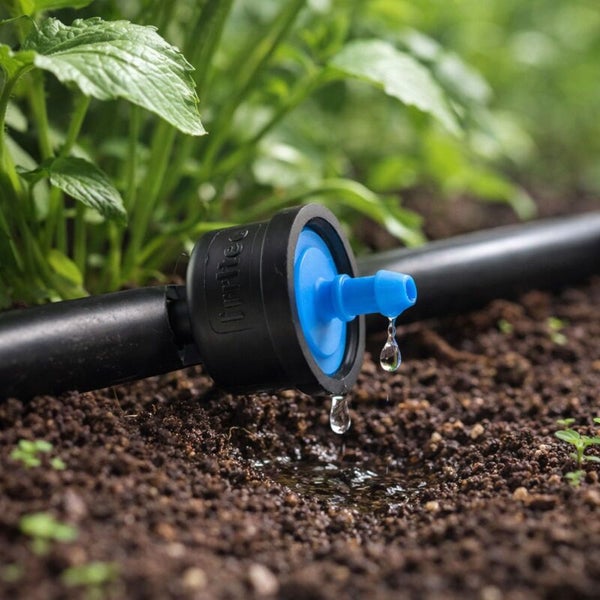 Tropfer eines Mikrobewässerungssystems an einem schwarzen Schlauch, der Wassertropfen auf die Erde abgibt.