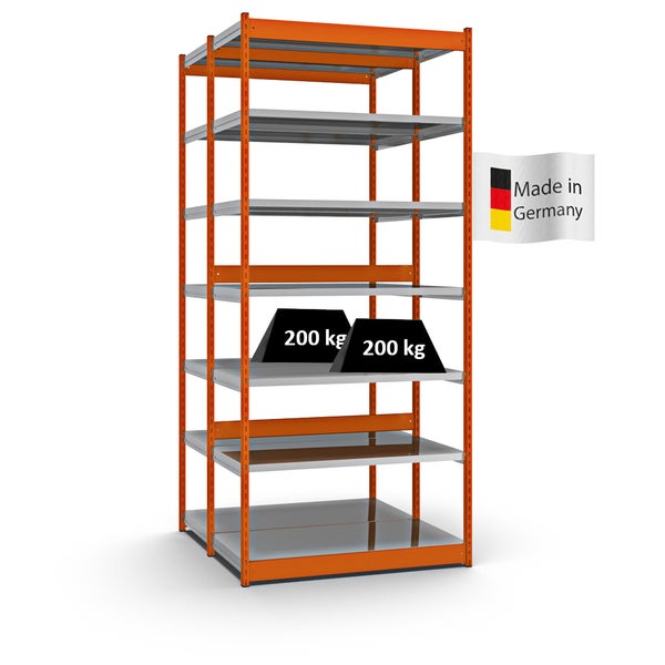 PROREGAL Fachbodenregal Stecksystem Vierkant-Profil Grundregal HxBxT 300 x 132,5 x 60 cm 2x7 Ebenen Doppelseitige Bauart Fachlast 200 kg Orange