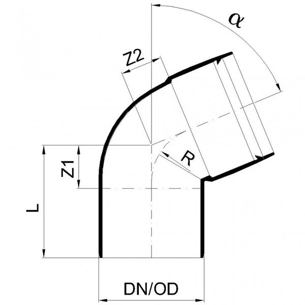 Technische Zeichnung eines Rohrbogens mit Maßangaben für Länge, Radius, Durchmesser und Winkel Alpha.