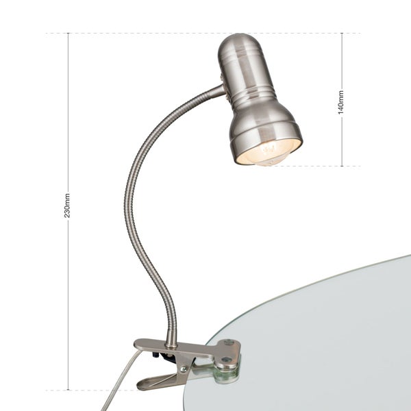 Klemmleuchte mit einer Höhe von 230 mm und einem Lampenkopf von 140 mm Länge.