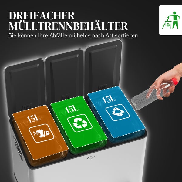 Dreifacher Mülltrennungseimer mit drei Fächern für Papier, Glas und Restmüll