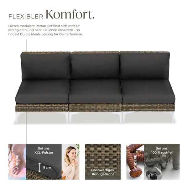 Modulares Rattanset tectake Villanova kein Aufbau 3 Mittelteile mit Aluminiumgestell anthrazit-meliert