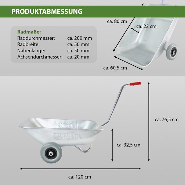 Technische Zeichnung der Trutzholm Gartenkarre mit Abmessungen und Details zum Rad wie Durchmesser, Breite, Nabenlänge und Achsdurchmesser.
