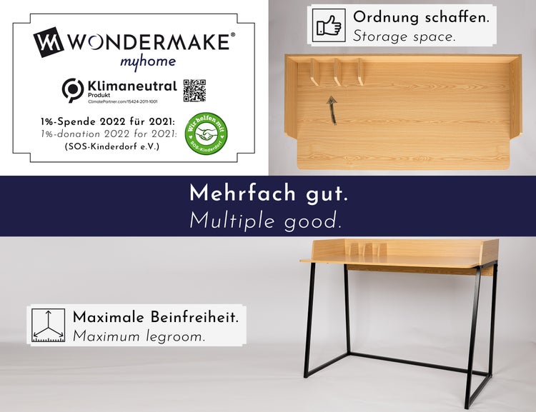 WONDERMAKE - Design Schreibtisch aus Holz und Metall, Bürotisch PC-Tisch Computertisch Arbeitstisch für Home Office, Eiche hell braun schwarz