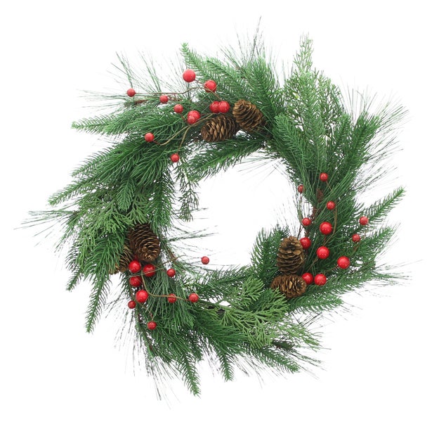 Weihnachtskranz mit Tannenzapfen und roten Beeren