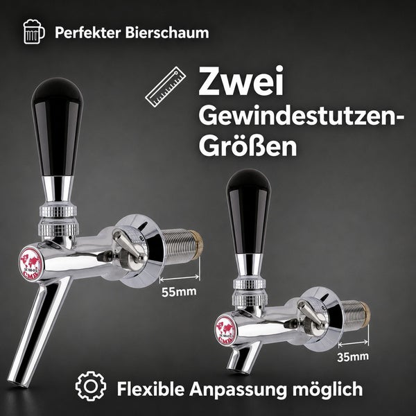 Zwei CMB Schankhähne mit unterschiedlichen Gewindestutzenlängen von 35 Millimetern und 55 Millimetern für flexible Anpassung bei der Montage.