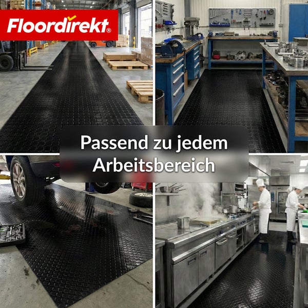 Collage verschiedener Arbeitsbereiche mit Bodenschutzmatten und Floor direkt Logo
