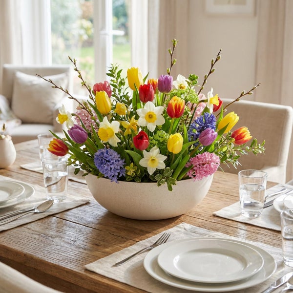 Ein bunter Blumenstrauß aus Tulpen Narzissen und Hyazinthen in einer schlichten Keramikschale als Tischdekoration auf einem Esstisch aus Holz.