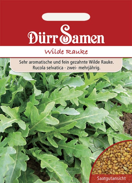 Samentüte für Wilde Rauke (Rucola selvatica) von Dürr Samen mit Abbildung der Blätter und Detailansicht der Samen.