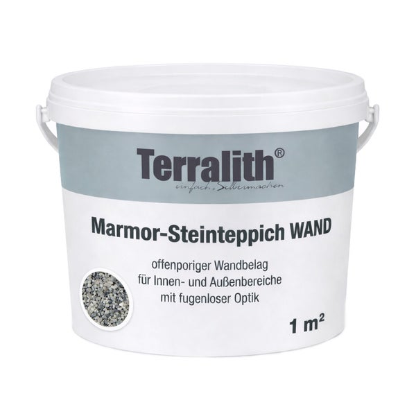 Terralith Marmor-Steinteppich für die Wand in einem weißen Eimer für 1 Quadratmeter.