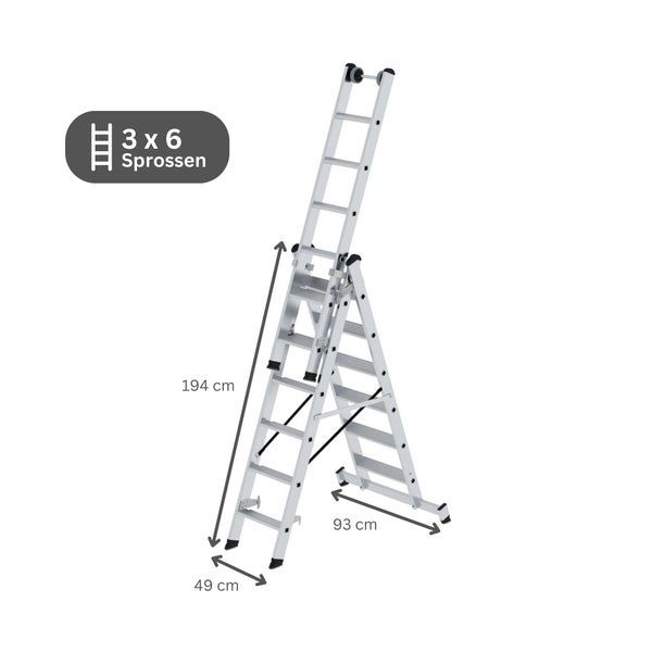 PROREGAL Stufen-Mehrzweckleiter 3-Teilig mit Traverse 3 x 6 Stufen