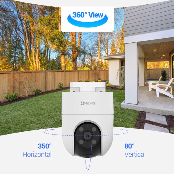 EZVIZ Überwachungskamera für den Außenbereich mit 360 Grad Rundumsicht, 350 Grad horizontalem und 80 Grad vertikalem Schwenkbereich.