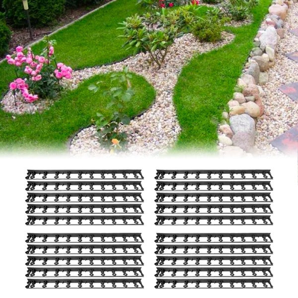 Schwarze, flexible Rasenkante aus Kunststoff für geschwungene Gartenwege und Beeteinfassungen zwischen Rasen und Kies.