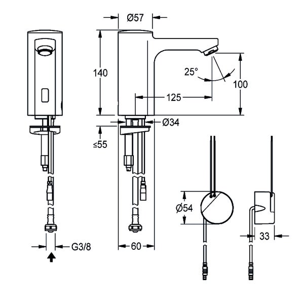 Technische Zeichnung einer Waschtisch-Sensorarmatur in Millimeter: Höhe 140, Ausladung 125, Durchmesser 57, Winkel 25 Grad, Anschluss G 3/8 Zoll.