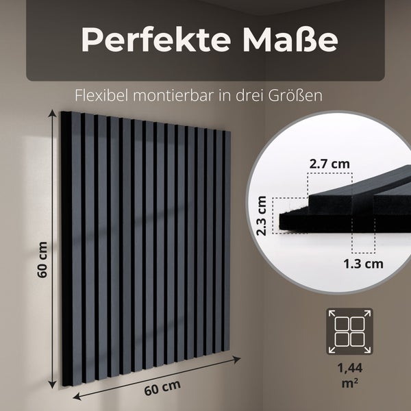 Akustikpaneel, 60 mal 60 Zentimeter. Detail: 2,3 Zentimeter tief, 2,7 Zentimeter Lamellenbreite, 1,3 Zentimeter Abstand. Fläche 1,44 Quadratmeter.