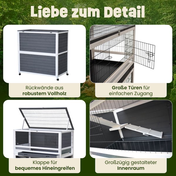 Zweistöckiger Kleintierstall aus Holz und Metallgitter im Garten mit den Maßen 115 mal 60 mal 118 Zentimeter. Zwei Ebenen mit herausziehbaren Schubladen.