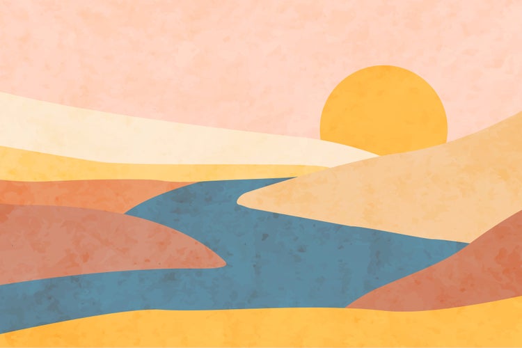 Abstrakte Landschaftsillustration mit Hügeln, Fluss und Sonne